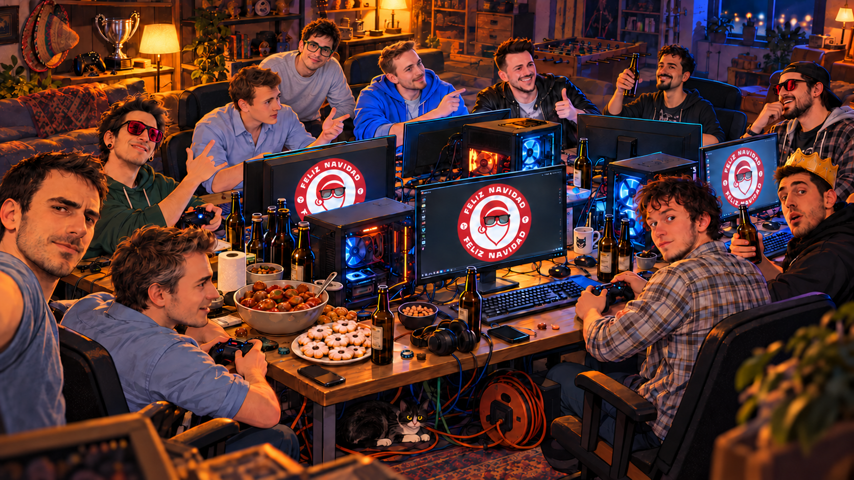 Gli undici protagonisti della LAN illustrati nella mancave, con il logo FelizNavidad sui monitor e ricordi delle vecchie LAN tra coppa, sombrero, controller rotto e prolunga.
